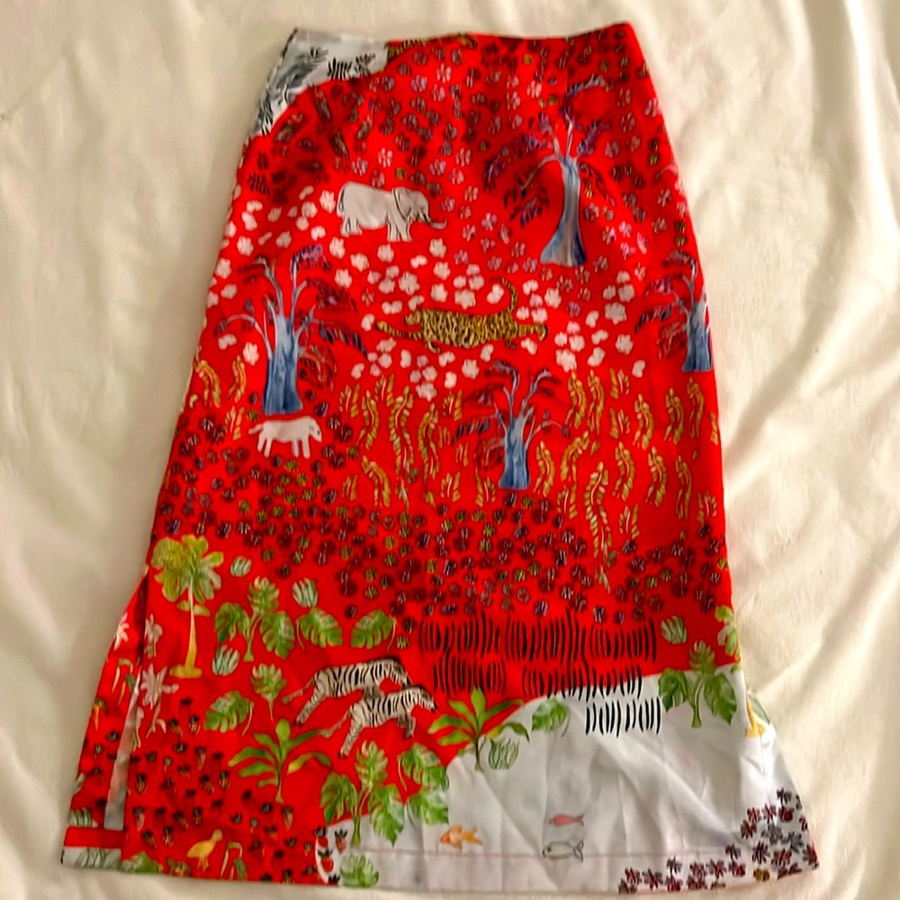 Vibrant Red Midi Skirt with Nature Print